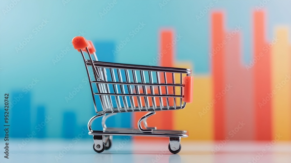 Small Shopping Cart on Blue and Orange Background Small Shopping Cart on Blue and Orange Background