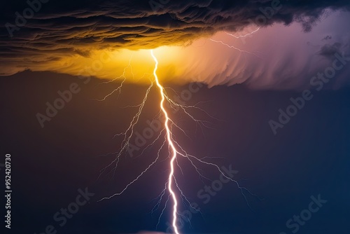 Vibrant Yellow Lightning Flash Illuminates Colorful Electric Storm photo