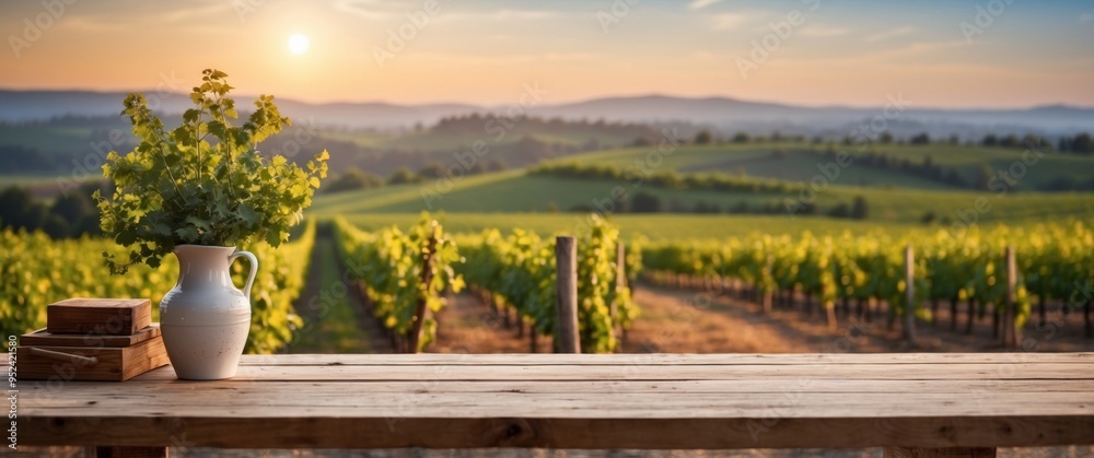 Fototapeta premium Empty wooden table on the background of blurred vineyard.