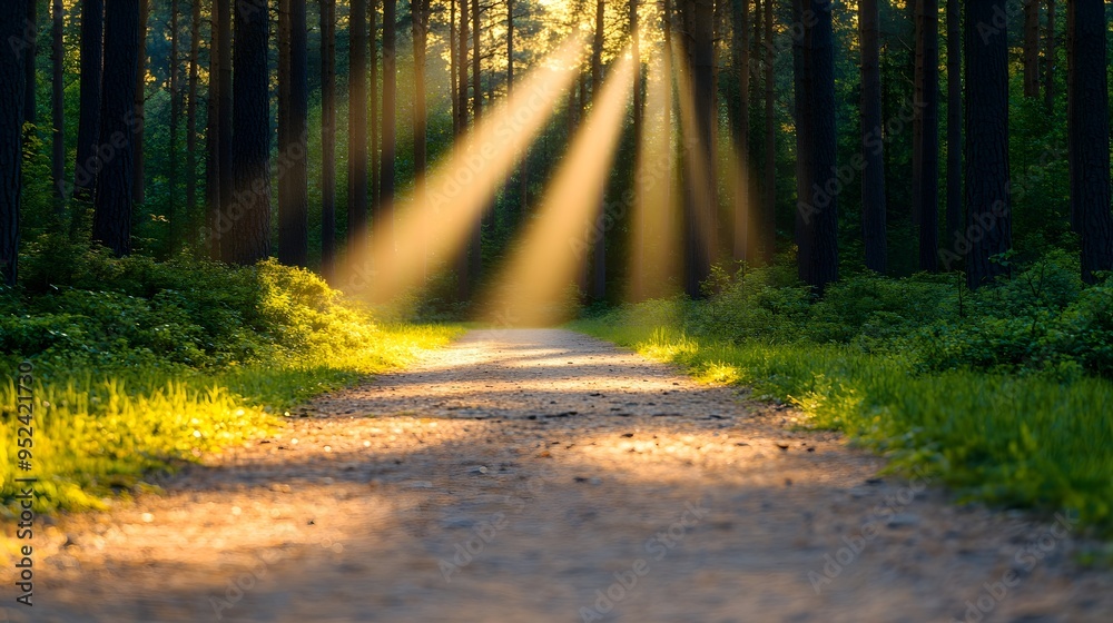 Obraz premium Sunbeams Through Forest Path - Golden Hour Nature