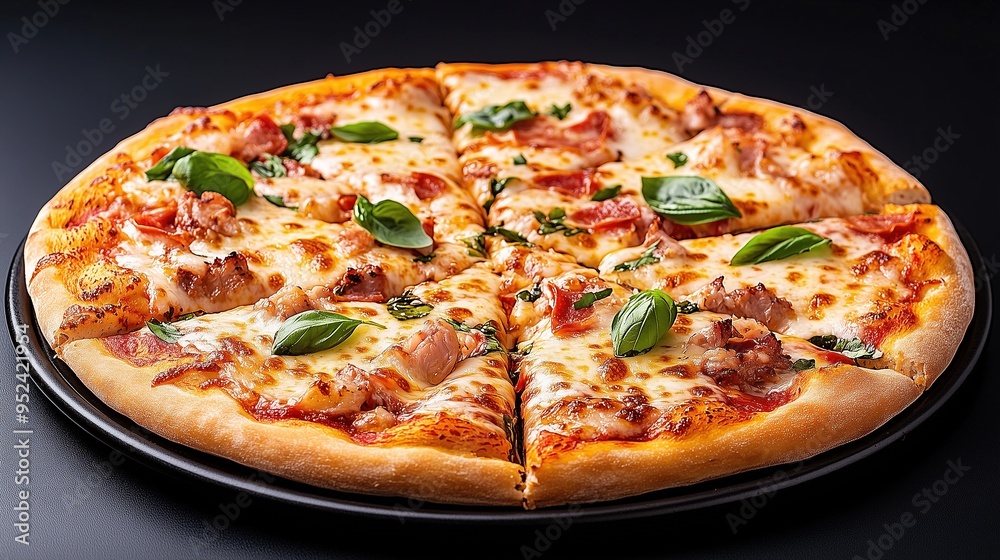 Tasty and juicy pizza on black background. Tasty and juicy pizza on black background.