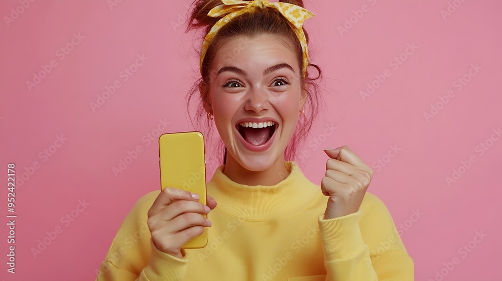 Fun young woman hold in hand use mobile cell phone doing winner gesture clenching fists isolated on pink background studio Girl using smartphone apps winning online celebrating discoun : Generative AI Fun young woman hold in hand use mobile cell phone doing winner gesture clenching fists isolated on pink background studio Girl using smartphone apps winning online celebrating discoun : Generative AI