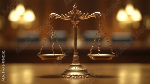 The floating golden scales of justice on the judge's table, courtroom background, law and justice concept, close-up view. 