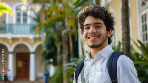 Young smiling Brazilian man in business office clothes against the background of a beautiful building in Rio de Janeiro, student, boy, guy, university, worker, entrepreneur, employee, businessman