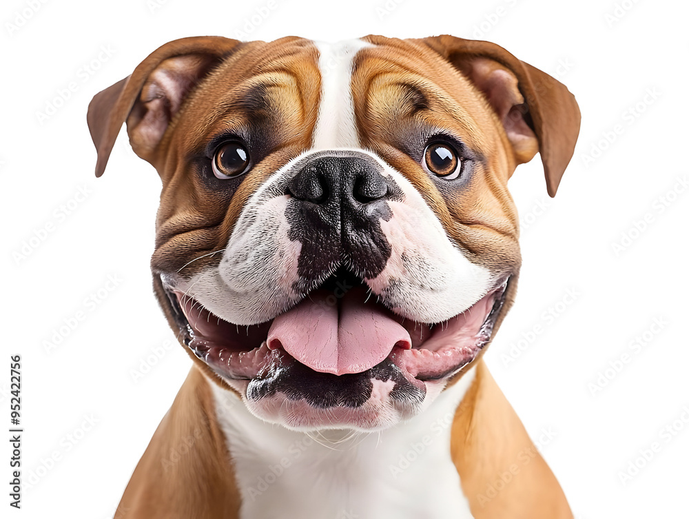 Obraz premium A happy bulldog with a wide grin, showcasing its playful personality and adorable features in a close-up portrait.