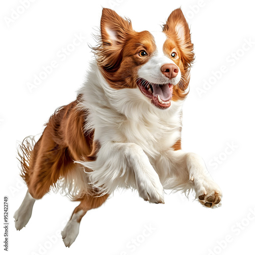 A happy dog leaps joyfully in mid-air, showcasing its playful spirit and energy. photo