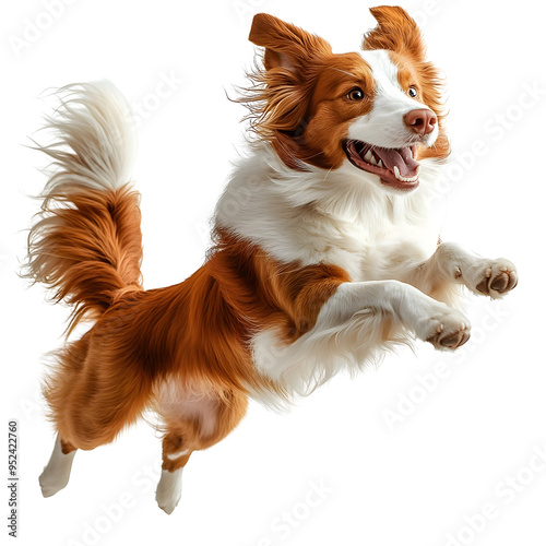 A joyful dog leaping in mid-air, showcasing its playful spirit and energetic personality against a clear background. photo