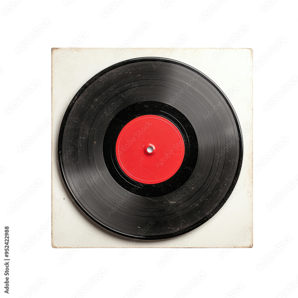 Obraz premium Top view of a vintage vinyl record featuring a red center label, isolated on white background