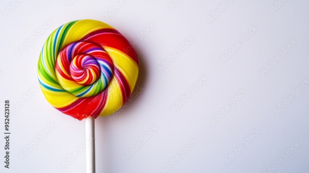 A close-up of a single lollipop with a glossy finish and bright colors, captured against a clean white background to highlight its playful and sweet appeal. A close-up of a single lollipop with a glossy finish and bright colors, captured against a clean white background to highlight its playful and sweet appeal.