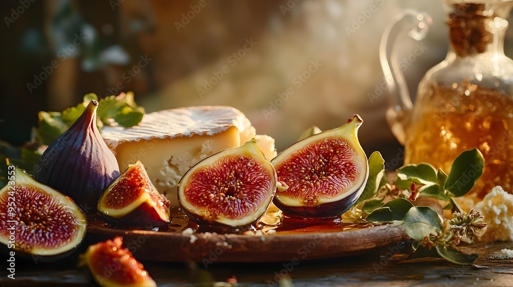 Ripe Figs Drizzled in Honey Paired with Artisanal Cheese on a Sunlit Farmhouse Table Renaissance Inspired Food Photography Ripe Figs Drizzled in Honey Paired with Artisanal Cheese on a Sunlit Farmhouse Table Renaissance Inspired Food Photography