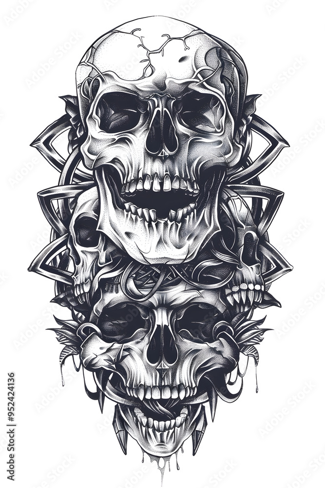 Fototapeta premium Skull and Skulls multiple skulls tattoo flash styles illustration