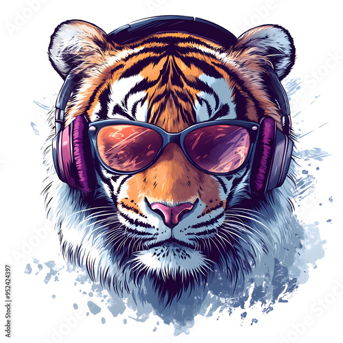 A stylish tiger wearing sunglasses and headphones, symbolizing a fusion of nature and music, perfect for vibrant designs. photo