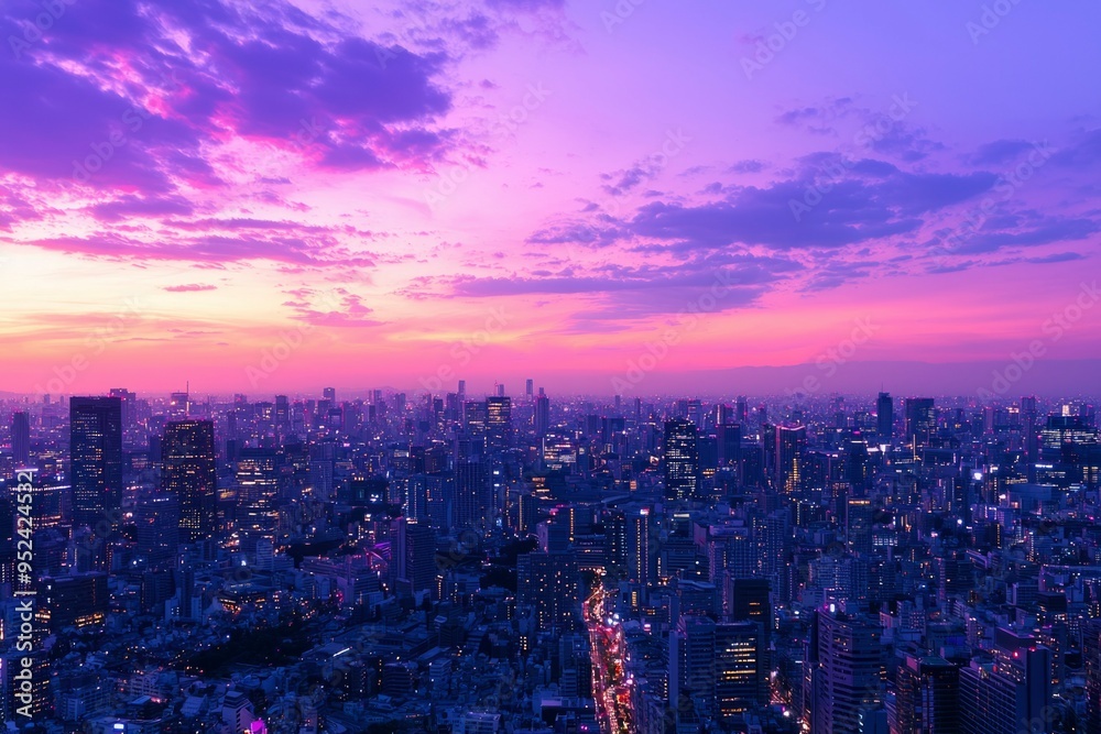Fototapeta premium City Skyline at Twilight with Purple Sky and Illuminated Buildings