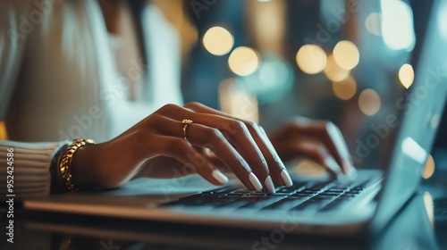 Woman Typing on Laptop in a Cozy Evening Setting