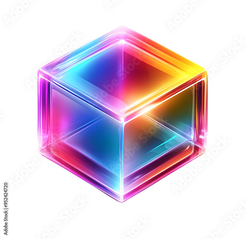 A vibrant, colorful cube with glowing edges, showcasing a blend of neon lights and transparent surfaces. Perfect for digital art.