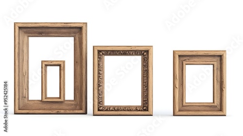 Ornate Wooden Picture Frames in Varying Shapes and Sizes Against a Pristine White Background photo