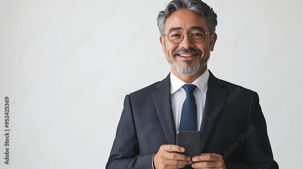 Mature businessman in suit holding cellphone isolated white background Smiling Latin business man using smartphone mobile phone screen device scrolling app working and looking at camer : Generative AI Mature businessman in suit holding cellphone isolated white background Smiling Latin business man using smartphone mobile phone screen device scrolling app working and looking at camer : Generative AI