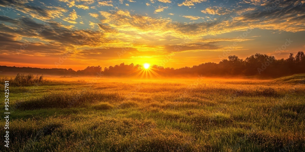 Obraz premium A sunrise over a dewy meadow 