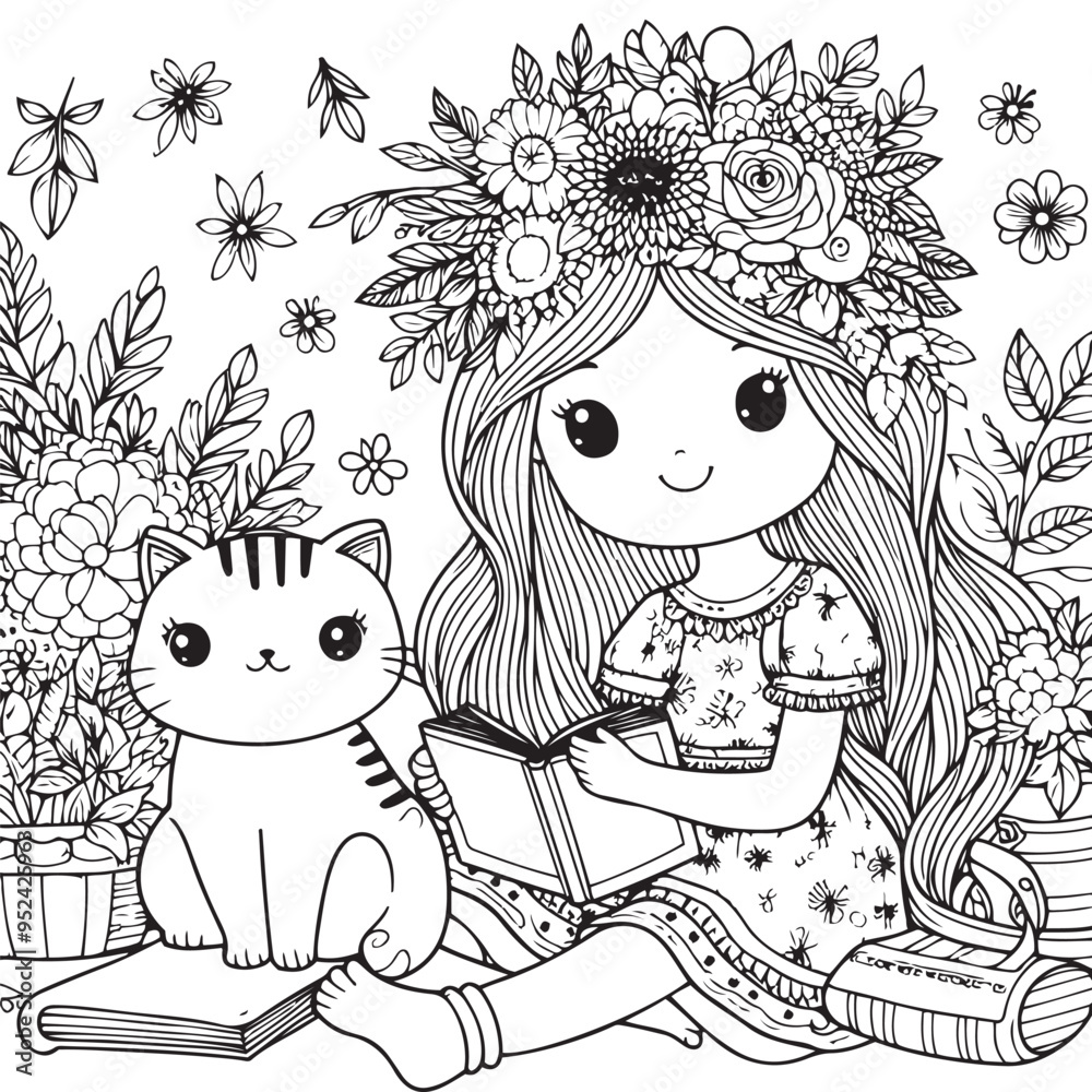 Cute girl and cat cat cartoon line art coloring page for kids. Baby cat animal coloring book illustration Cute girl and cat cat cartoon line art coloring page for kids. Baby cat animal coloring book illustration