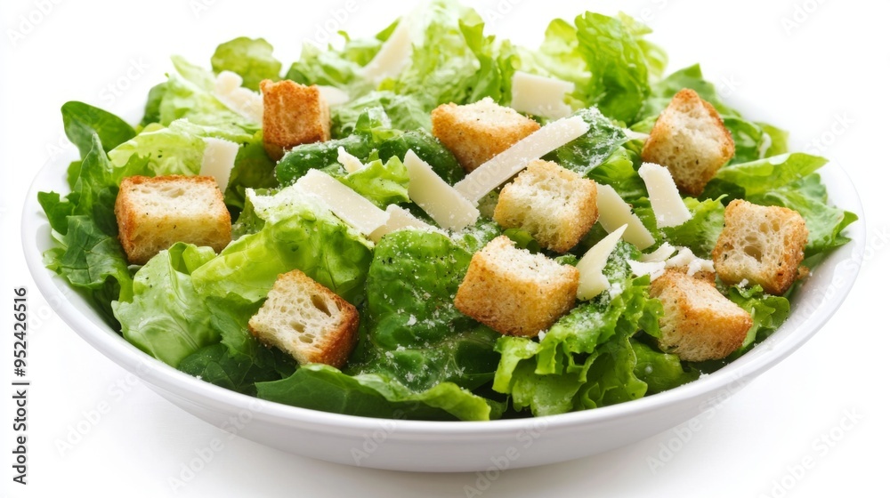 A fresh and vibrant Caesar salad with romaine lettuce, croutons, Parmesan cheese, and Caesar dressing, presented in a white bowl on a white background. A fresh and vibrant Caesar salad with romaine lettuce, croutons, Parmesan cheese, and Caesar dressing, presented in a white bowl on a white background.