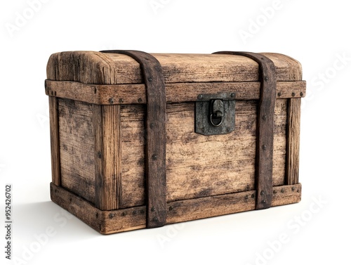 Rugged Antique Wooden Storage Box Showcased Against Pristine White Background