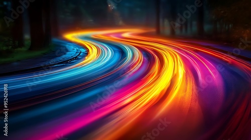 A night road glows with colorful light trails, capturing a sense of motion and vibrancy.