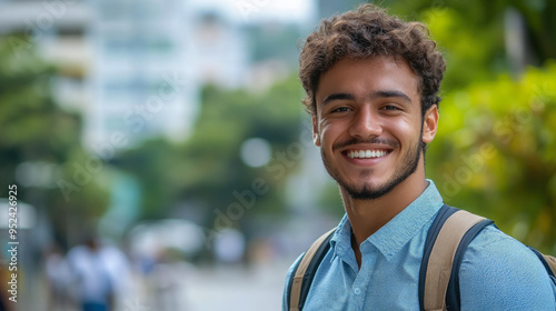 Young smiling Brazilian man in business office clothes against the background of a beautiful building in Rio de Janeiro, student, boy, guy, university, worker, entrepreneur, employee, businessman