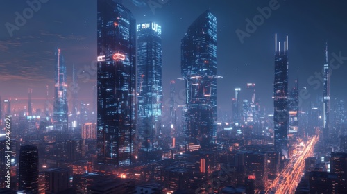 A futuristic cityscape with illuminated skyscrapers and advanced technology elements integrated into the architecture, set against a night sky