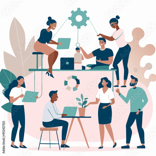 Collaborative Teamwork in Office, Creative Project Planning, Flat Design