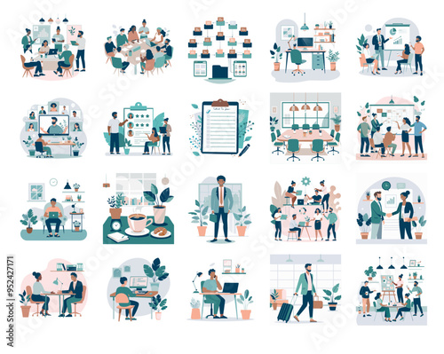Office-themed Illustrations, Flat Design, Pastel Colors, Teamwork and Collaboration Concepts
