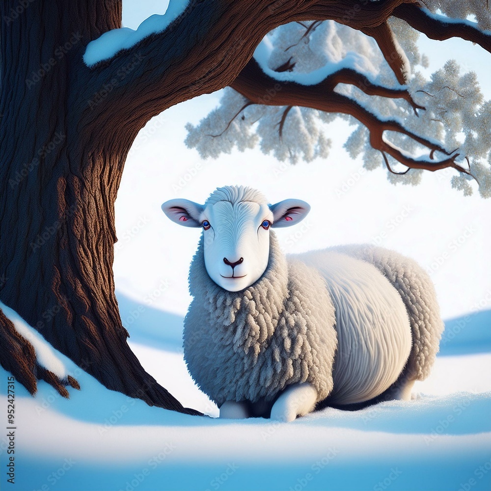 Show a beautiful sheep named Snow with fluffy white wool and gentle ...
