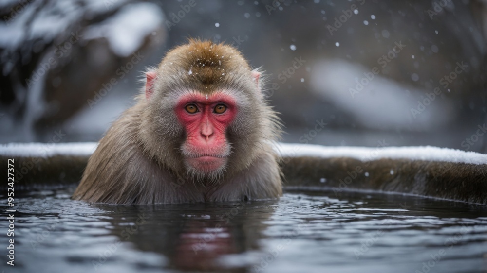 Naklejka premium Japanese macaque monkey taking a bath in hot spring in winter.