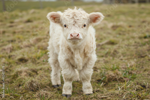 a baby cow standing in a field of grass