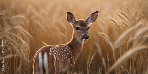 Young fawn deer hiding in tall wheat field.