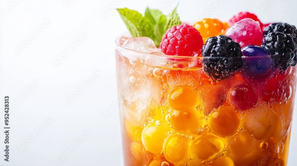 A high-quality image of a bubble tea with colorful fruit pearls and ice cubes, captured in a clear glass with a focus on the vibrant, fresh ingredients against a white backdrop. A high-quality image of a bubble tea with colorful fruit pearls and ice cubes, captured in a clear glass with a focus on the vibrant, fresh ingredients against a white backdrop.