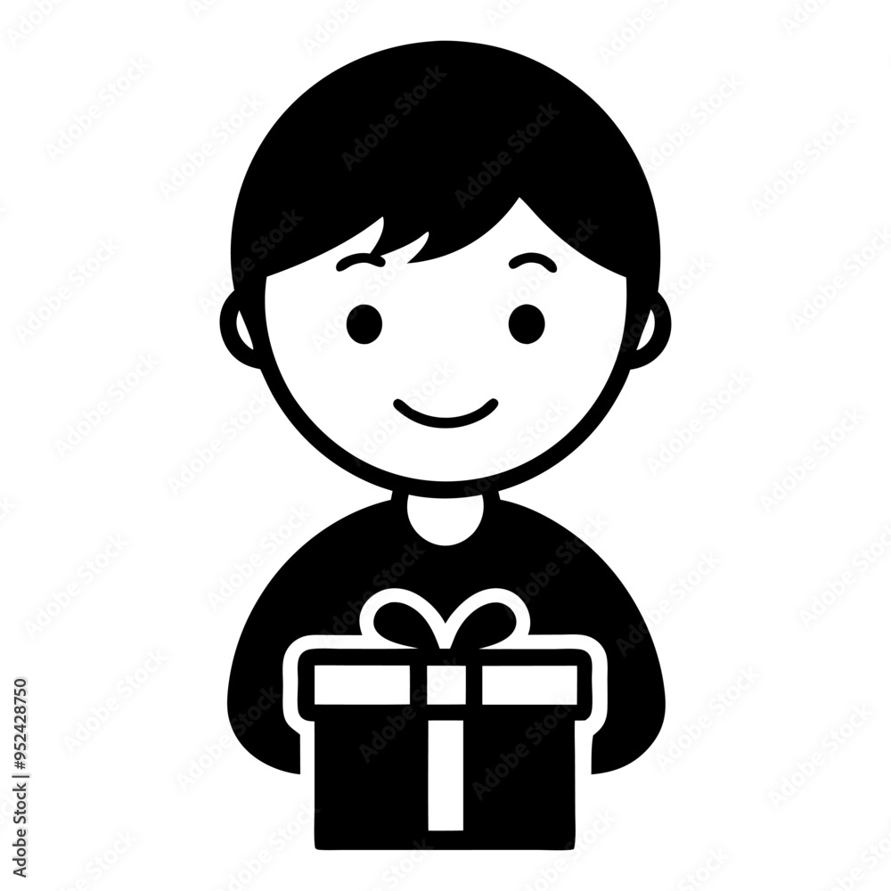 Cheerful child holding present icon isolated on white Cheerful child holding present icon isolated on white