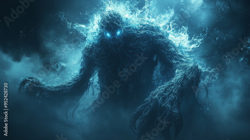 massive shadow elemental with glowing eyes and tendrils of mist, its towering form exuding a powerful and ominous presence in a foggy abyss