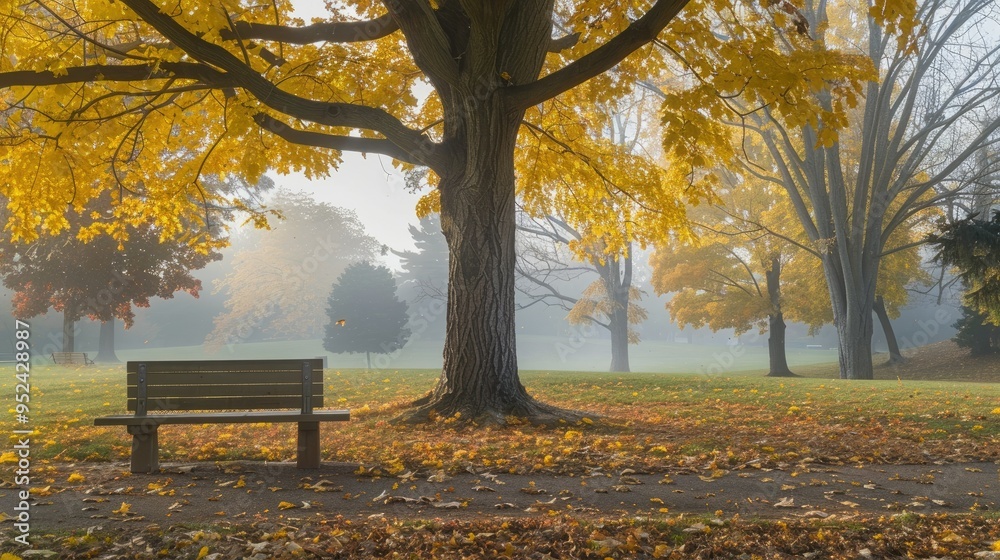 In the park, there is an empty bench under autumn trees In the park, there is an empty bench under autumn trees