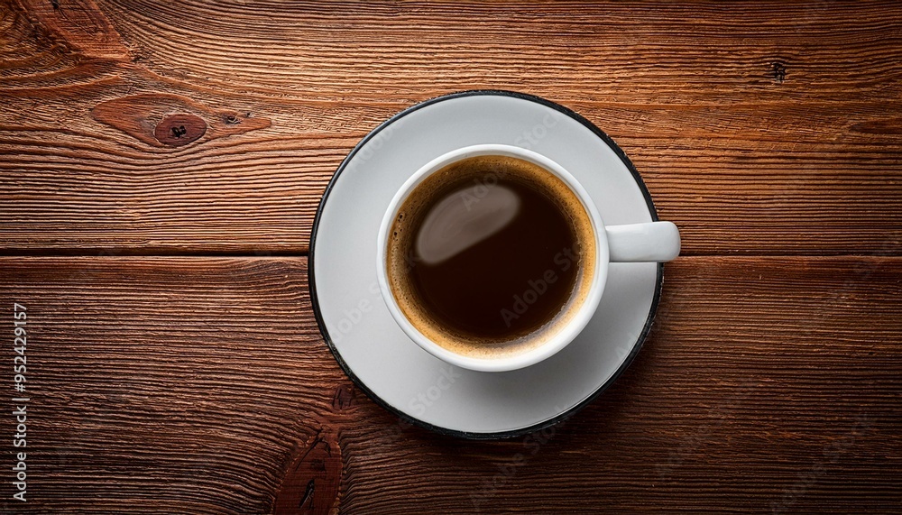 Cup of coffee on wooden table, top view
Cup of coffee on wooden table, top view