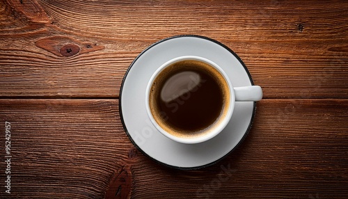 Cup of coffee on wooden table, top view 