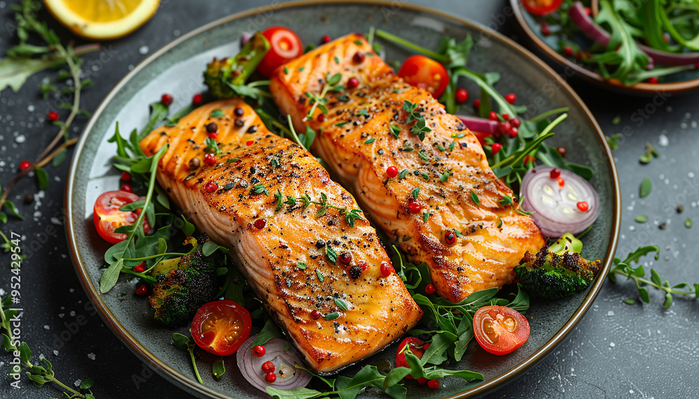 Fried salmon steak with salad generated.AI Fried salmon steak with salad generated.AI