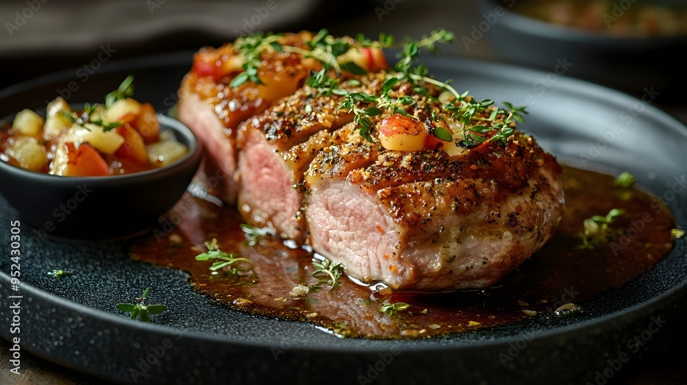 Seared Pork Loin with Herb Crust and Homemade Apple Compote Gourmet Culinary Photography in Old Master Painting Style