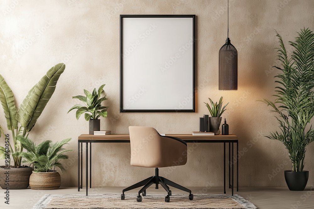 Cozy office space with plants, a desk, and a blank frame for personalization.