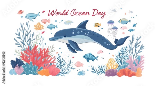 World Ocean Day with Dolphins and Ocean Life in Flat Cartoon Style photo