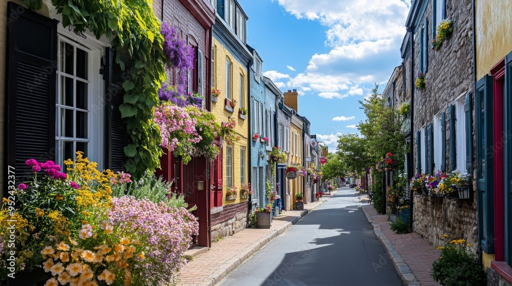A picturesque street lined with charming old buildings, colorful facades, and blooming flowers, creating a scenic and inviting urban landscape. A picturesque street lined with charming old buildings, colorful facades, and blooming flowers, creating a scenic and inviting urban landscape.