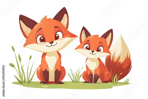 Cute cartoon fox and kit characters forest animals, cartoon vector illustration for children photo