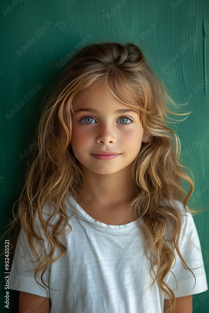 a young girl of 4 year. They are smiling and wearing a white t-shirt. The background is a uniform shade of green,