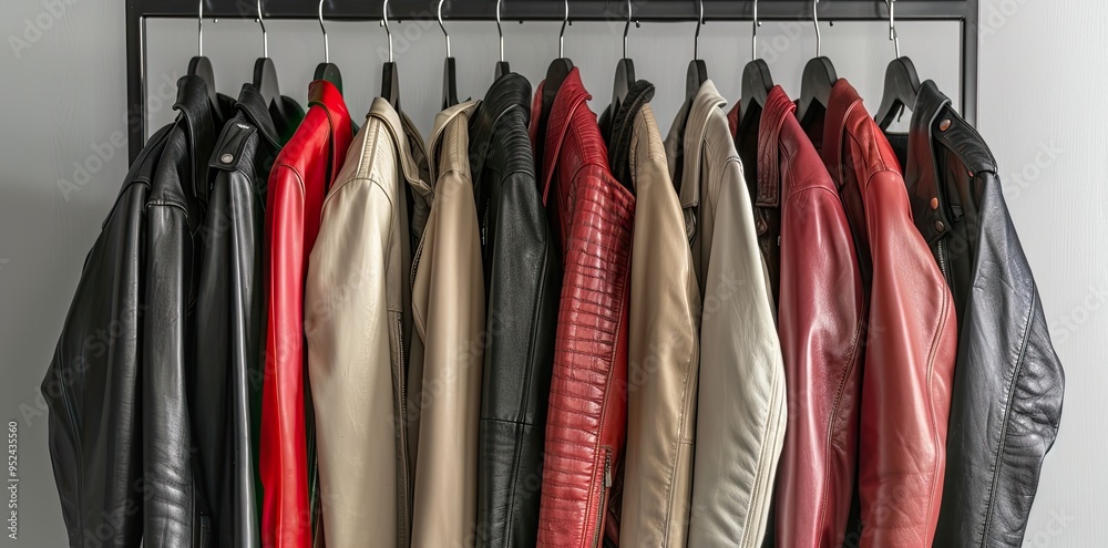 a selection of leather jackets hanging on a sleek rack a selection of leather jackets hanging on a sleek rack