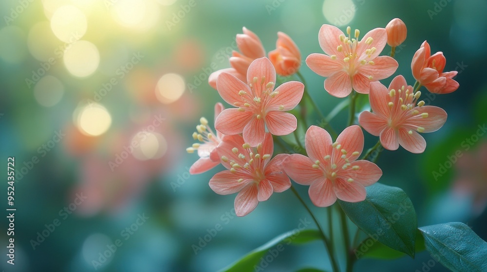 Delicate pink flowers in a soft, dreamy garden setting.