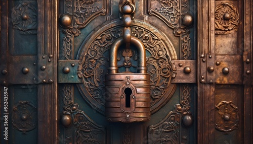 A Mysterious, Locked Door: A close-up of an old, rusty door with strange markings, locked with a large, ancient-looking padlock.